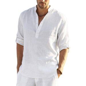 Men's 1 White Cotton Linen Henley T-shirt Long Sleeve Hippie Casual Beach Button
